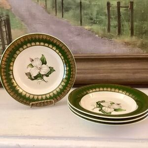 4 soup bowls American Limoges L'Triomphe Trillium Forest Green Dinnerware 22K